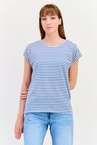 Women Round Neck Cap Sleeves Yarn Dye T-Shirt, Multicolor