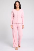 Women 2 Pieces Textured Long Sleeve Shirt With Pants Pyjama Set, Pink