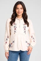 Women Mandarin Collar Long Sleeve Embroidered Blouse, Multicolor