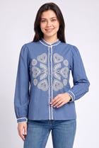 Women Crew Neck Embroidered Long Sleeve Shirt, Steel Blue