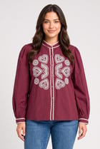 Women Band Collar Long Sleeve Embroidered Shirt, Burgundy