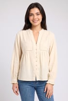 Women V-Neck Long Sleeve Embroidered Shirt, Beige