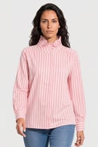 Women High Neck Long Sleeve Stripe Shirt, Pink