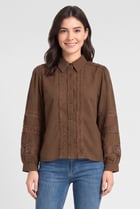Women Pointed Collar Long Sleeve Embroidered Shirt, Dark Brown