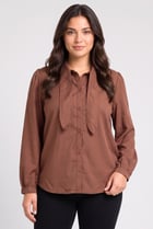 Women Tie Neck Long Sleeve Solid Shirt, Brown