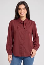Women Tie Neckline Long Sleeve Solid Shirt, Maroon