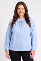 Women Tie Neckline Long Sleeve Embroidered Shirt, Light Blue
