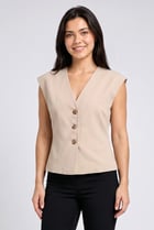Women V-Neck Short Sleeve Plain Top, Beige