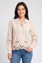 Women Tie Neckline Long Sleeve Embroidered Blouse, Beige