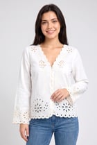 Women V-Neck Long Sleeve Embroidered Blouse, White