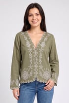Women V-Neck Embroidered Long Sleeve Blouse, Olive
