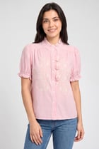 Women Mock Neck Short Sleeve Stripe Blouse, Multicolor