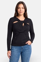 Women Twist Neck Long Sleeve Solid Top, Black