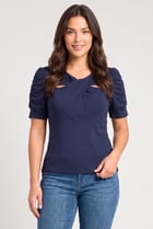 Women Twist Neck Plain Short Sleeve Top, Navy