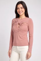 Women Twist Neck Long Sleeve Solid Top, Old Rose