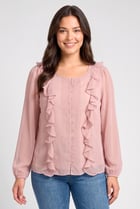 Women Round Neck Long Sleeve Textured Blouse, Blush Pink