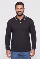 Men Regular Fit Long Sleeve Plain Polo Shirt, Black