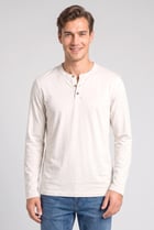 Men Henley Collar Long Sleeve Heather T-Shirt, Beige