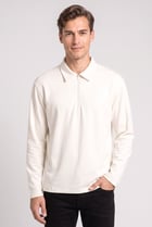 Men Regular Fit Long Sleeve Plain Polo Shirt, Cream