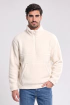 Men High Neck Textured Half Zip Sweatshirt, Cream
