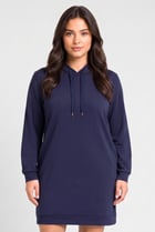 Women Curvy Fit Solid Hooded Sweater Dress, Navy