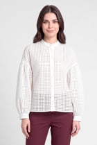 Women Round Neck Balloon Sleeve Eyelet Shirt, White