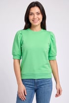 Women Crew Neck Balloon Sleeve Solid Top, Green