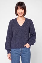 Women V-Neck Knitted Sweater, Navy Blue