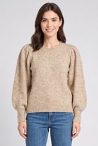 Women Crew Neck Textured Sweater, Tan