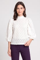 Women Mock Neck Balloon Sleeve Eyelet Blouse, White