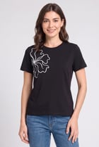Women Crew Neck Short Sleeve Graphic Print Top, Black