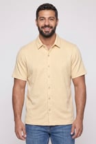 Men Regular Fit Spread Collar Short Sleeve Textured Casual Shirt, Beige