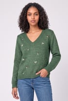 Women V-Neck Knitted Sweater, Green