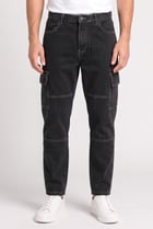 Men Loose Fit Solid No Stretch Cargo Jeans, Charcoal
