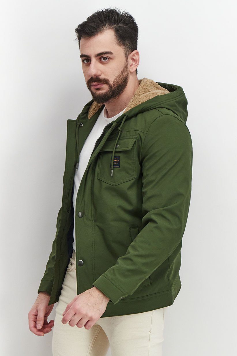 Men Hooded With Drawstring Long Sleeve Soft Shell Jacket, Green 2