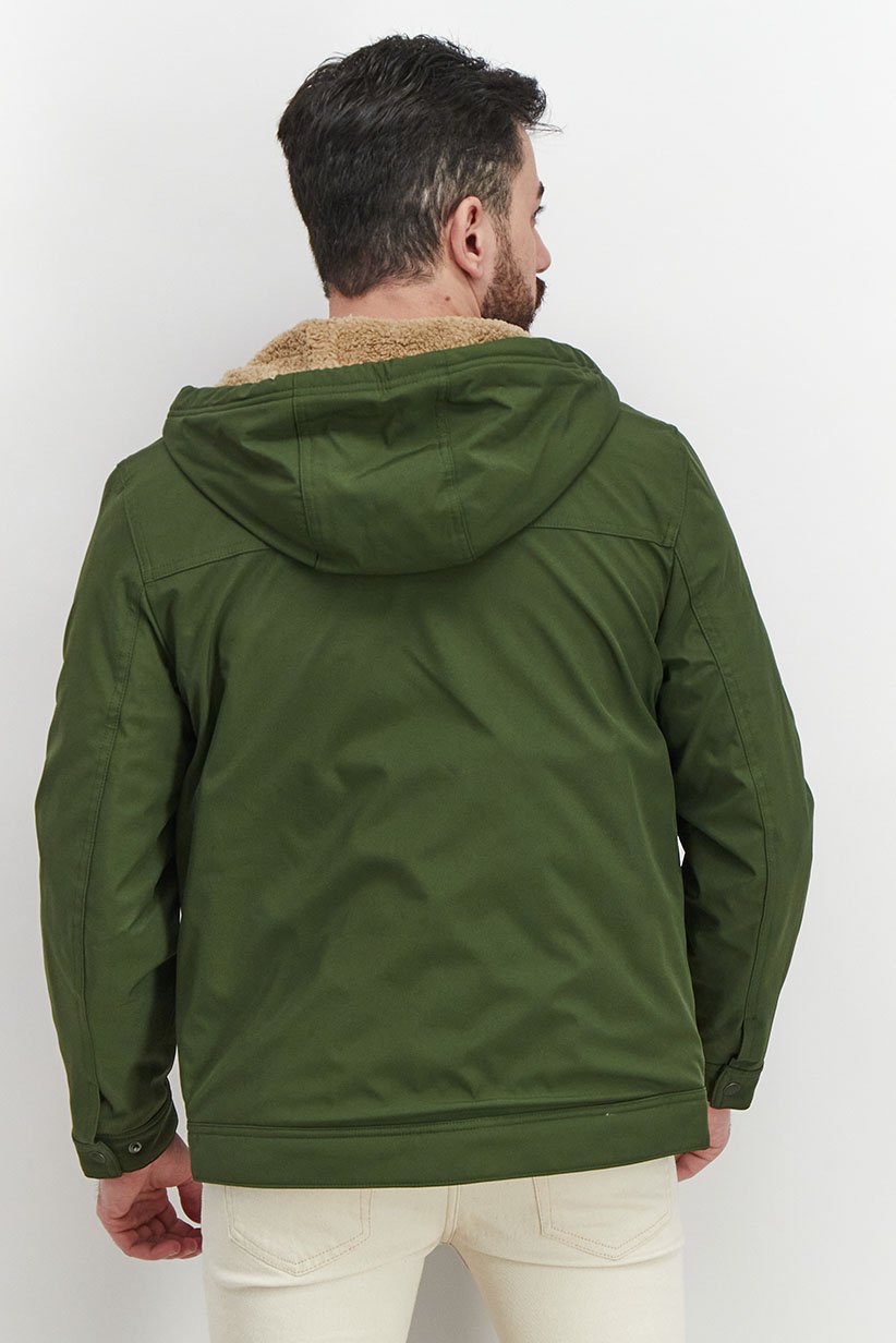 Men Hooded With Drawstring Long Sleeve Soft Shell Jacket, Green 3