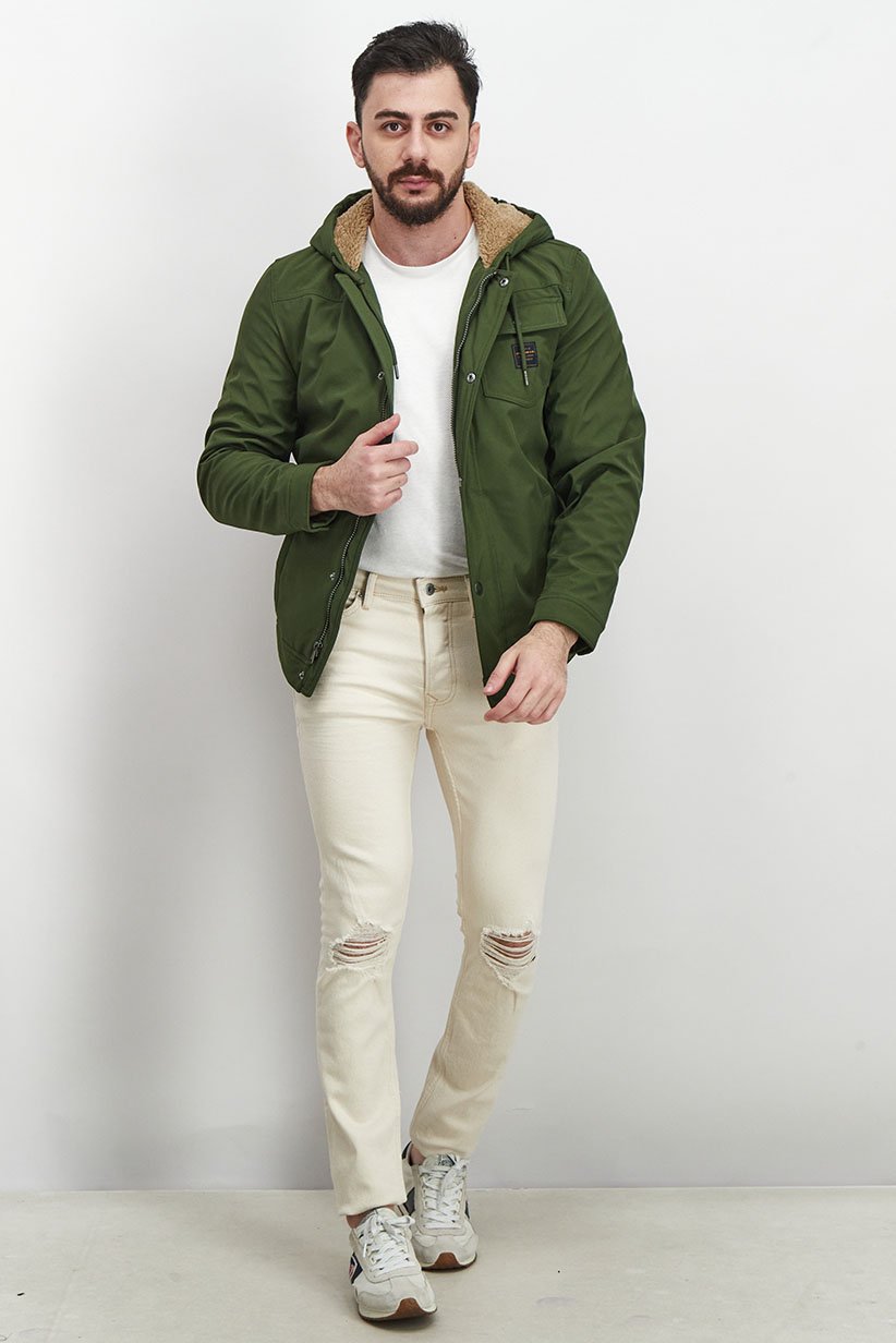 Men Hooded With Drawstring Long Sleeve Soft Shell Jacket, Green 4