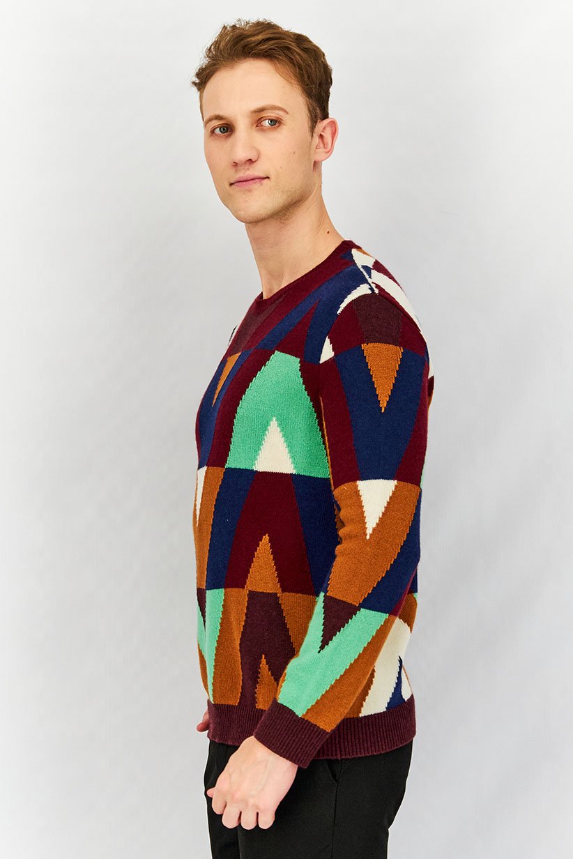 Men V-Neck Long Sleeve Knitted Sweater, Maroon Combo 4