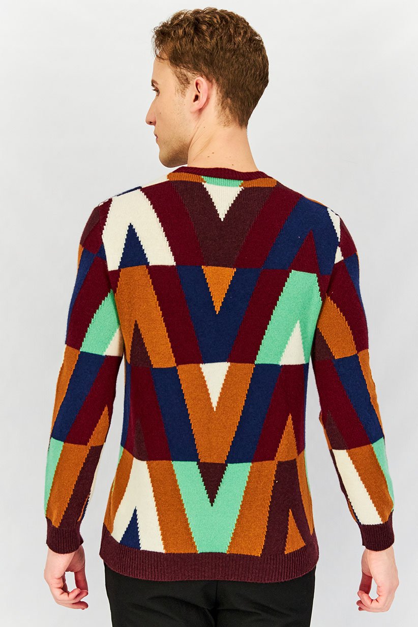 Men V-Neck Long Sleeve Knitted Sweater, Maroon Combo 3