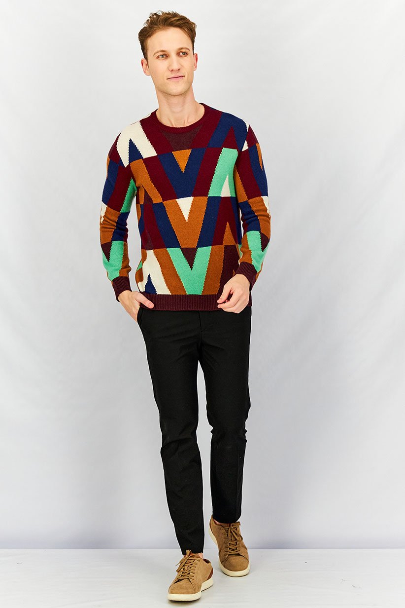 Men V-Neck Long Sleeve Knitted Sweater, Maroon Combo 2