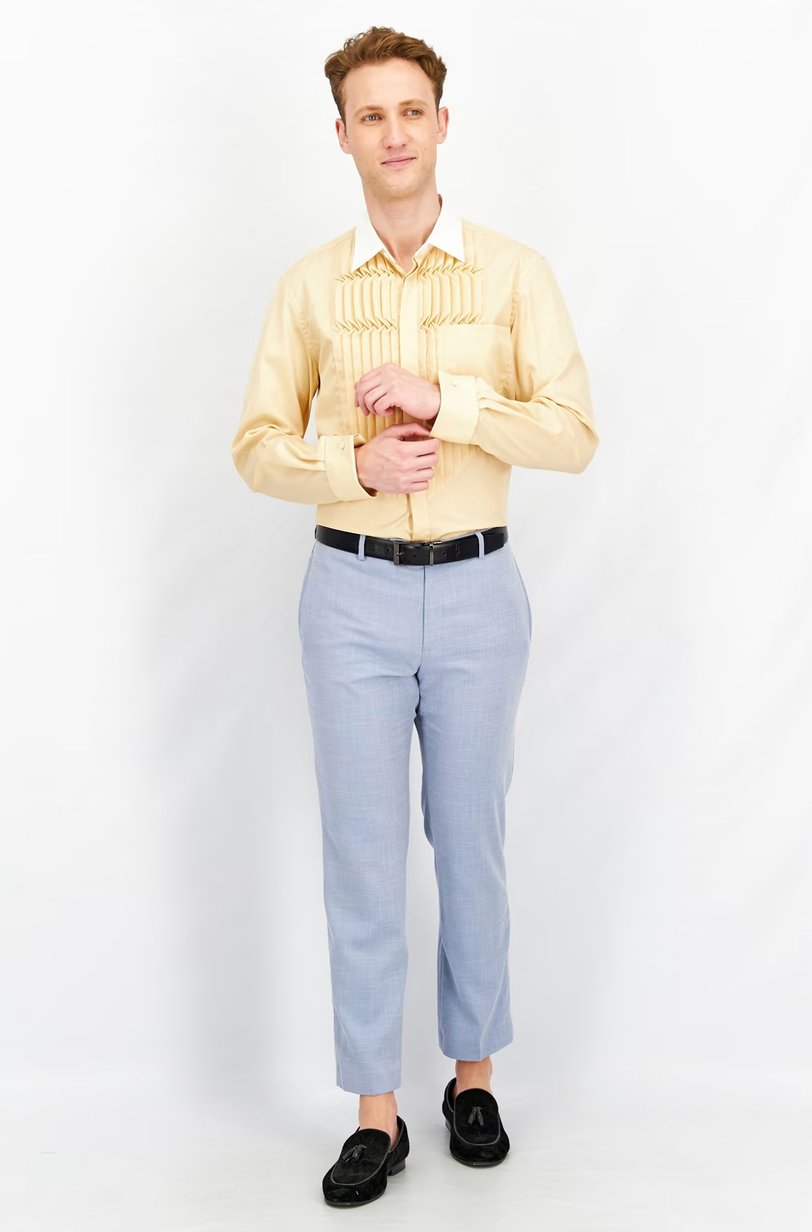 Men Classic Fit Spread Collar Long Sleeve Casual Shirt, Beige 4