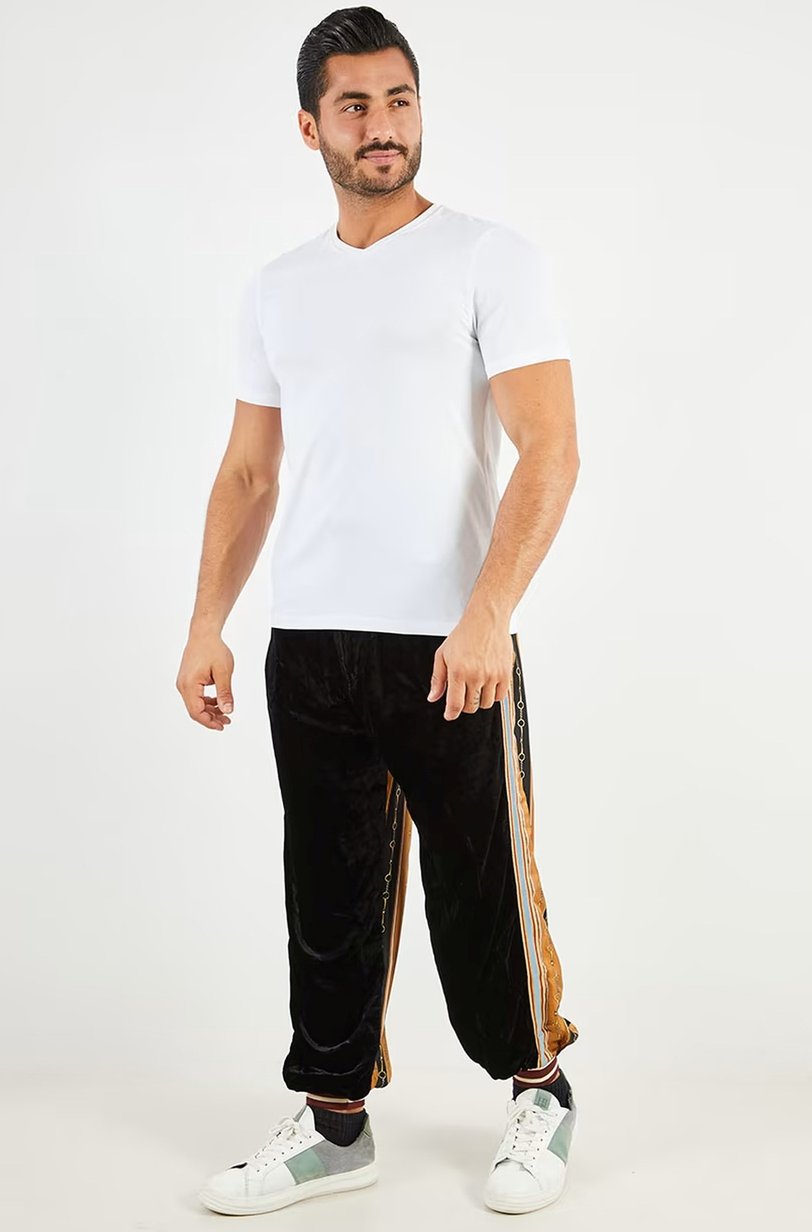 Men Regular Fit Scarf Switching Velvet Pants, Black 2