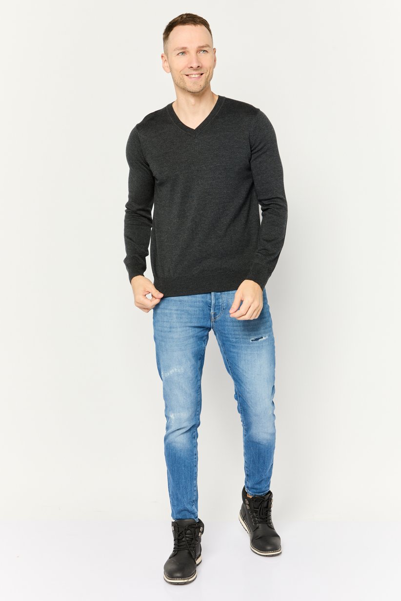 Buy Perry Ellis Men V-Neck Long Sleeves Heather Sweater, Charcoal Online | Brands For Less