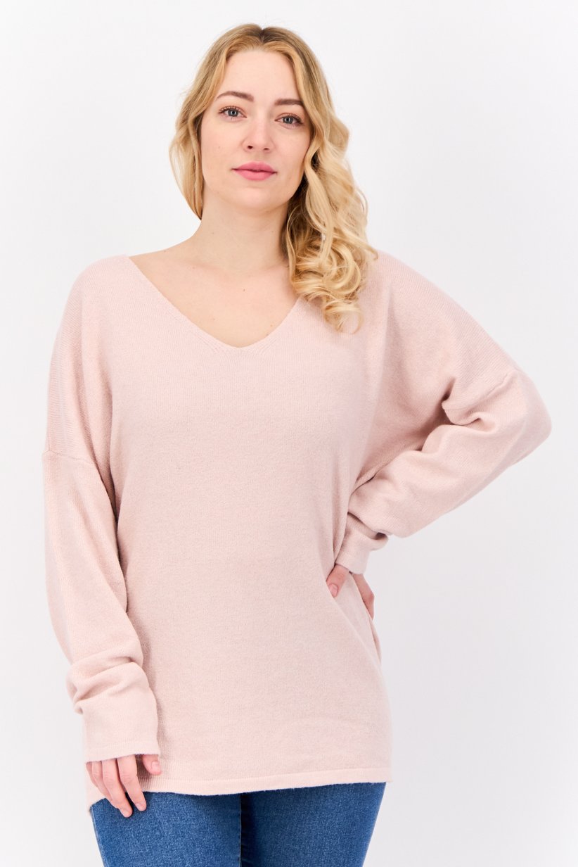 Haut Tricoté Joan Vass Femme - Col V Fermeture éclair, Rose Clair - Taille M - Occasion Très Bon état