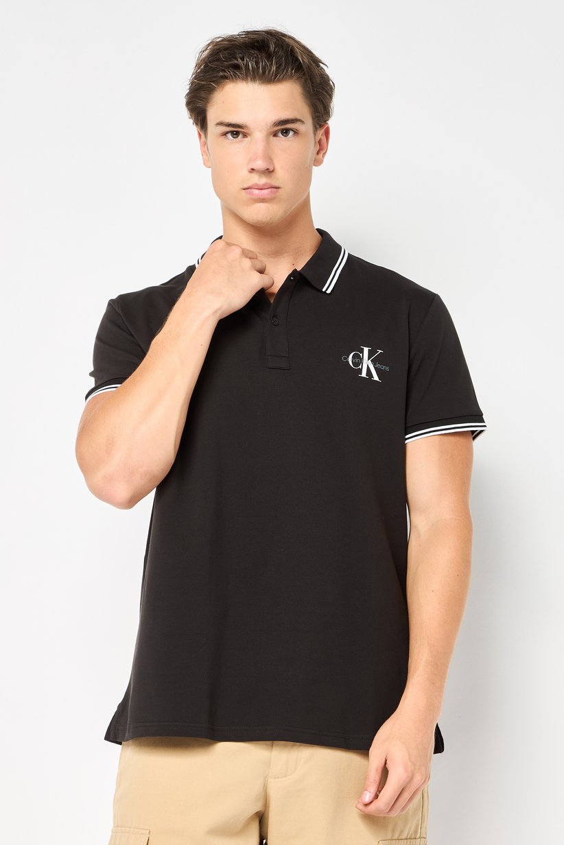Calvin Klein Jeans Men Slim Fit Spread Collar Short Sleeve Polo, Black