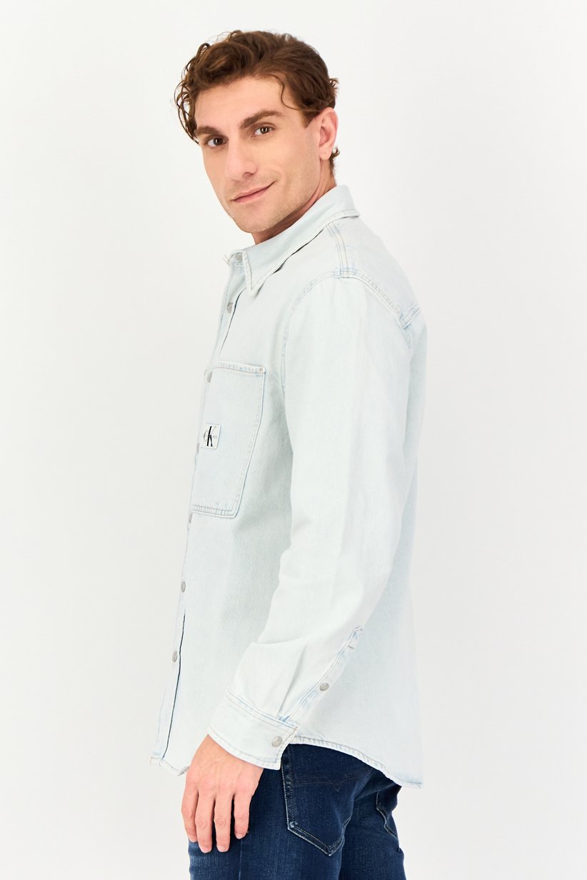 Calvin Klein Jeans Men Long Sleeve Brand Logo Denim Jacket, Light Blue 2