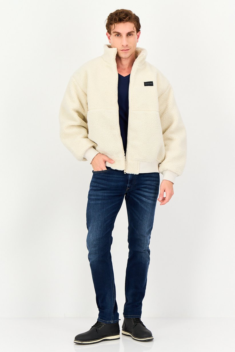 Calvin Klein Jeans Men Long Sleeve Brand Logo Sherpa Jacket, Off White 4
