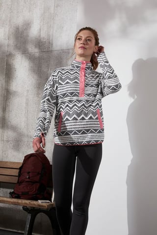 Women Stand Collar Long Sleeve All Over Printed Fleece Sweater, White Combo
