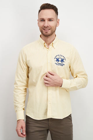 Men Regular Fit Pointed Neck Long Sleeve Stripe Casual Shirt, Marigold and Optic White