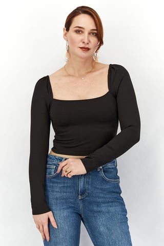 Women Square Neck Long Sleeve Solid Crop Top, Black